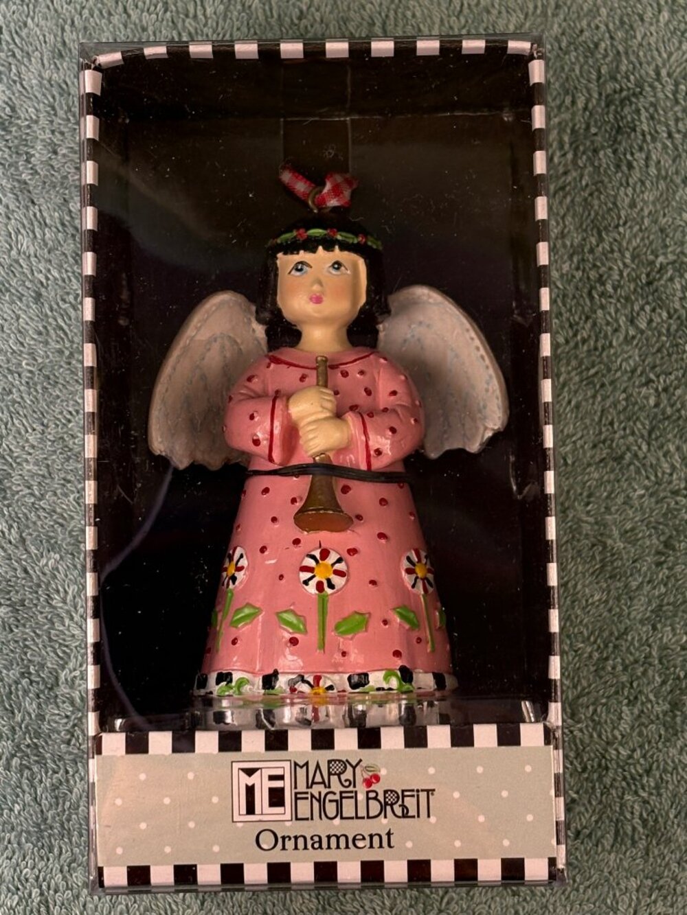 Mary Engelbreit Christmas Angel Ornament Pink Dress Trumpet Vintage Original Box